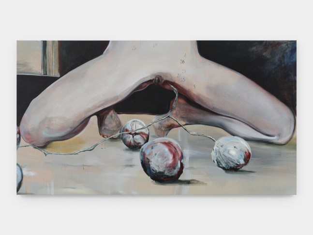 A painting of a nude female figure kneeling with grey and red hued apples connected by a wirey vine.