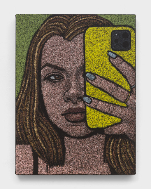 An oil pastel painting of a woman taking a selfie in a mirror on a smartphone.