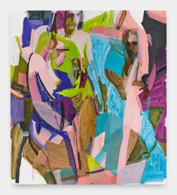 Three standing female figures stand enmeshed in abstract swatches of lime green, aqua, pale pink, indigo and fuschia.