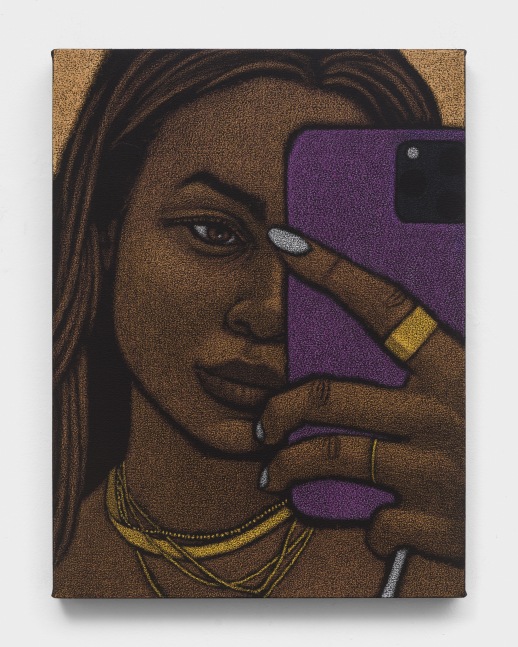 An oil pastel painting of a woman taking a selfie in a mirror on a smartphone.