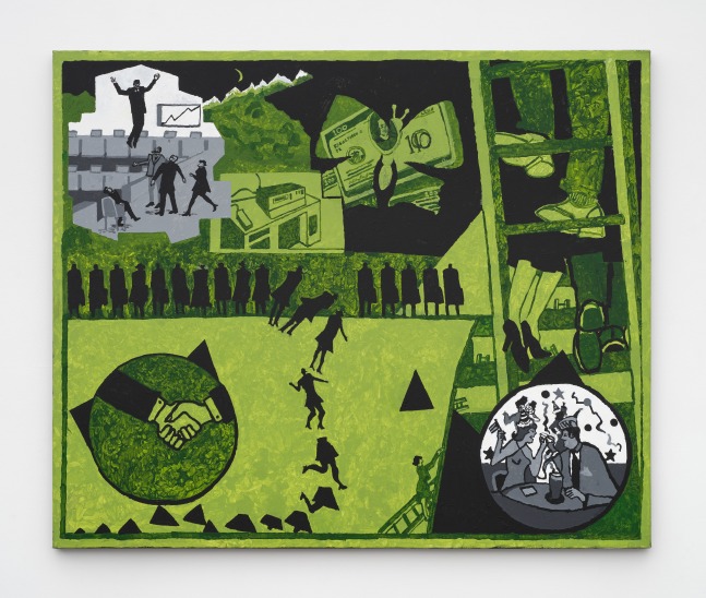 A green painting with people climbing ladders, people shaking hands and American dollar bills cut out in a butterfly shape.