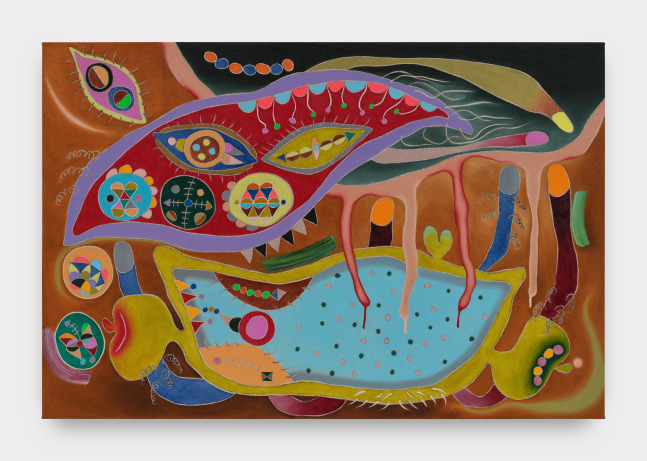 A painting on canvas depicting an anthropomorphic scene consisting of abstract shapes in various colors such as brown, light blue, black, purple, orange, mustard yellow, navy, and a faded tint of red.