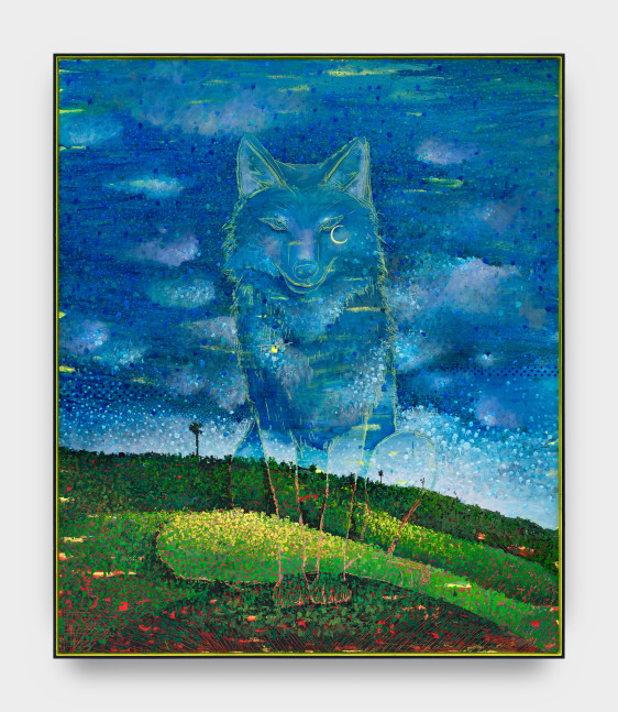 This oil and acrylic on canvas illustrates a landscape of a hillside in shades of green and yellow. A wide open sky in light blue and cobalt shades covers most of the canvas. Small red brush strokes dust the foreground of the work to depict flowers and foliage. At the center sits and outlined image of a wolf, with a crescent moon resting just below the animal’s right eye.