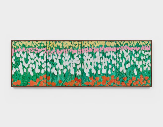 A painting by Claire Milbrath of a field of pink, white, red and yellow tulips.