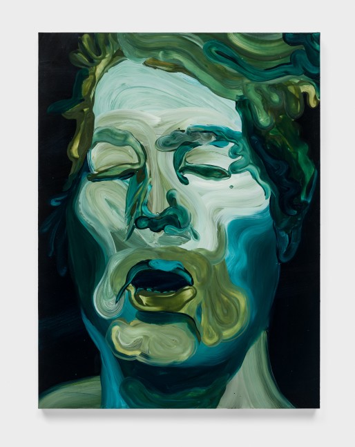 A cropped image of Alice Neel’s face in blue and green tone. The artists’ eyes are shut and her mouth is agape.