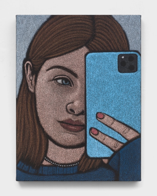 An oil pastel painting of a woman taking a selfie in a mirror on a smartphone.
