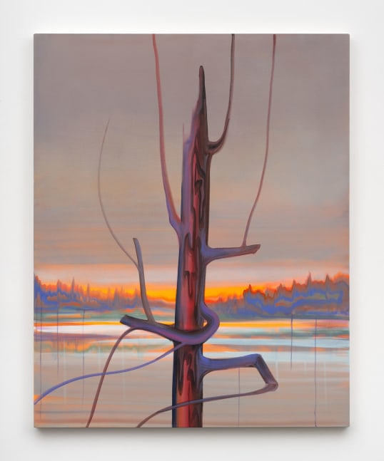 A painting of a barren tree with a body of water at sunset in the background