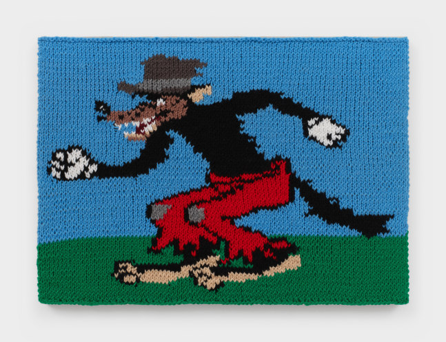 A knit artwork depicting a cartoon wolf in a top hat and red pants against a blue sky, sewn into linen and stretched.