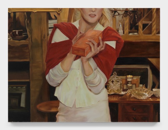 Woman with Brick, 2022 oil on canvas 36 x 48 in (91.4 x 121.9 cm)