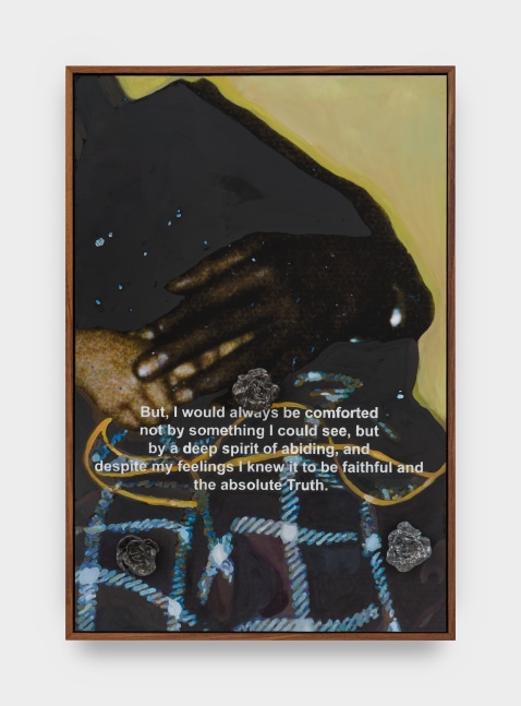 A digital printed photograph of clasped hands with painted details and a ceramic rose protruding from the picture plane.
