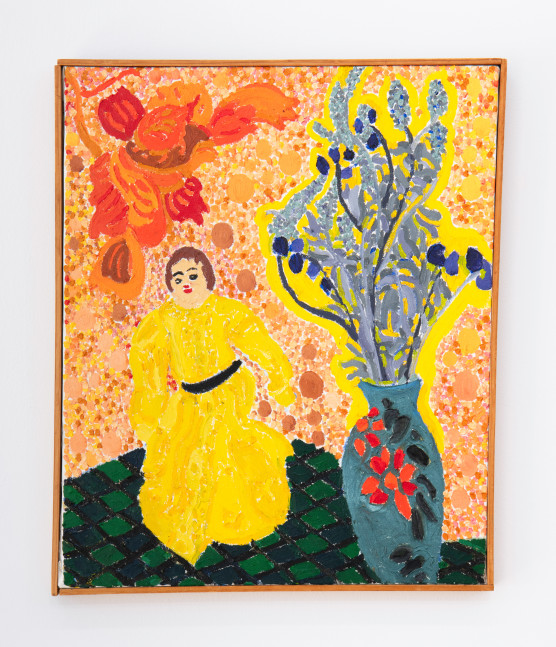 A painting of a figure in a yellow dress and a vase of grey/blue flowers against a speckled orange background.