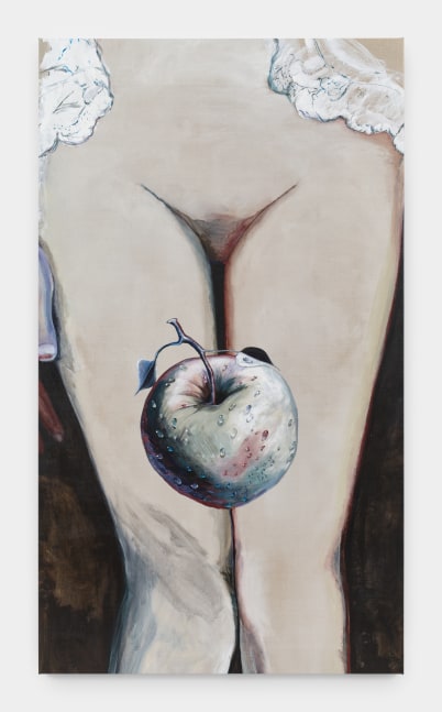 A painting of a woman nude from the waist down with an apple covered in water droplets floating in front of her knees.