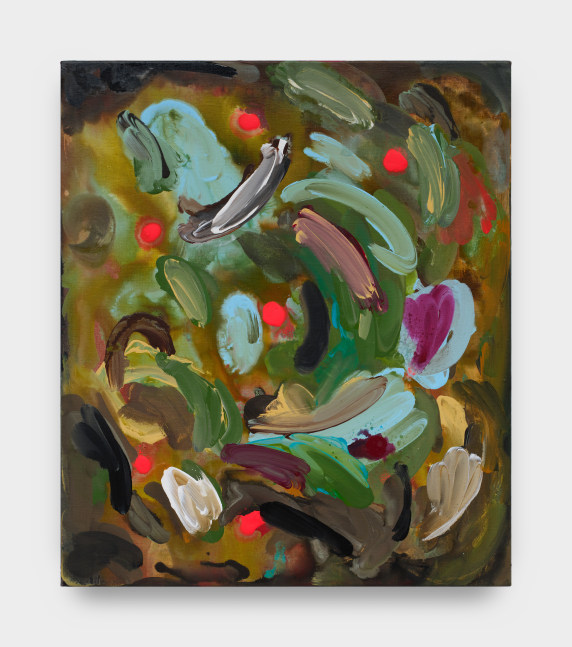 A painting on linen, brush strokes sweep across the painting in various colors such as light blue, white, purple, green, white, black and orange-red.