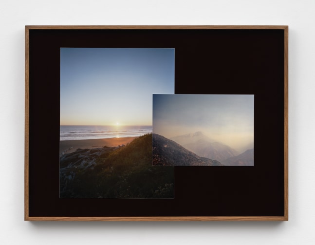 A collage of two photographs - one with a sunset at the beach and the other of foggy mountain tops overlapping against black velvet in a walnut frame.