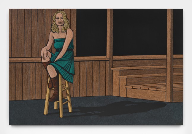 An oil pastel painting of a blonde woman in a teal dress and long brown boots seated on a wooden stool in an empty wooden room with stairs leading into pitch black.