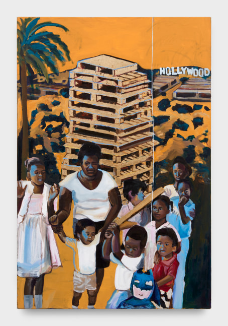Against a light orange background a group of children of varying ages gather around a batman piñata while a maternal figure holds the hands of the youngest child. Palm trees, stacks of wooden palettes and the Hollywood sign form the backdrop of this familial scene.