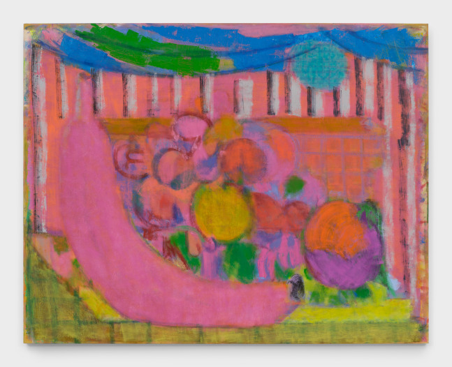 A painting by Michael Berryhill titled &quot;Palais Romantique,&quot; which features a basket of fruit rendered in bright colors