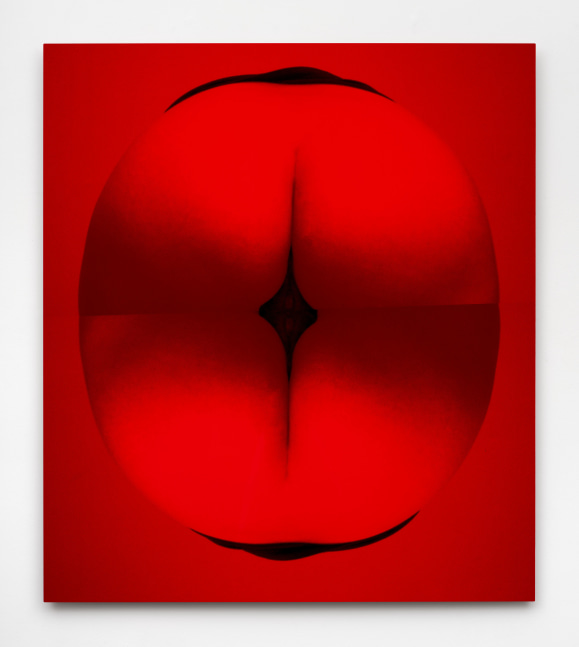 A red image of the artist's nude posterior bent over and mirrored horizontally printed on aluminum.