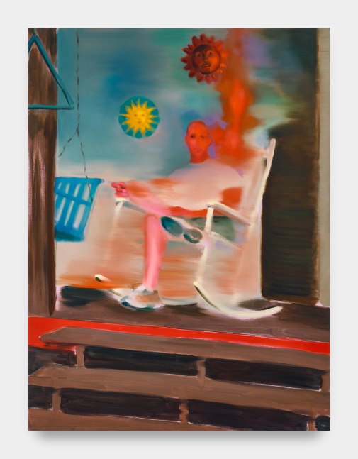 A painting of a figure sitting in a white rocking chair in motion on a porch with two suns in the sky.