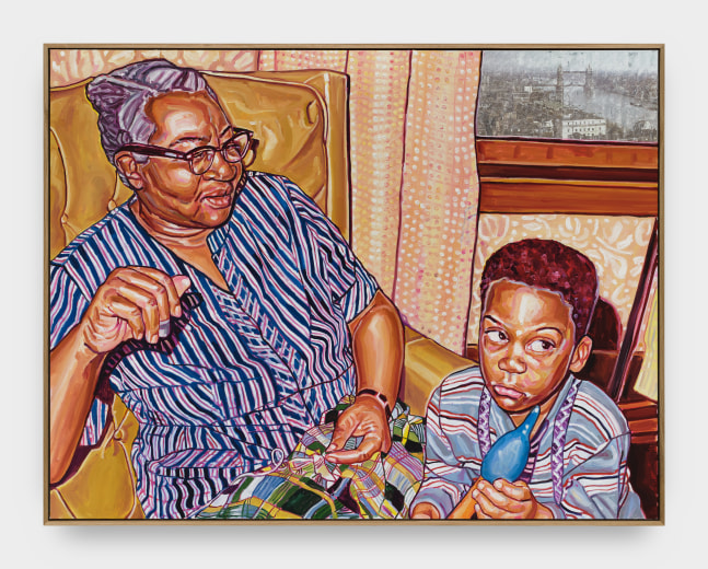 A painting of an older woman seated in an ochre leather chair sewing with a young boy at her feet.