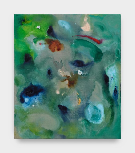 An acrylic painting on linen of various shades of blue and green projecting a soft, water-color like appearance.