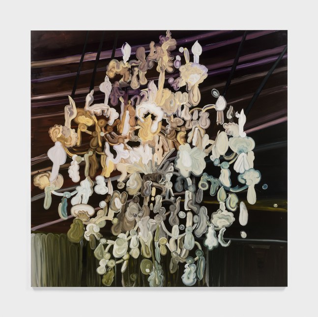 Lush violet and green brushstrokes create an abstract background. White chandelier is depicted in the foreground.