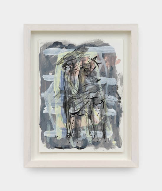 An acrylic and pencil painting on paper with a grey form layered with line drawings.