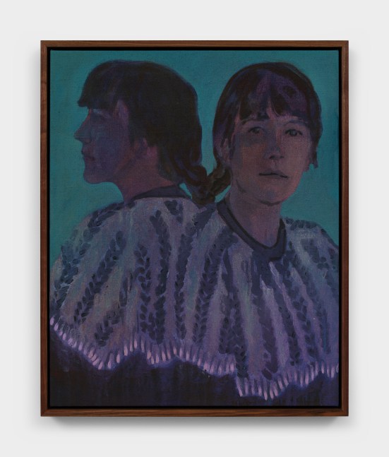 A mirrored self portrait of the artist in a purple sweater against a blue background.