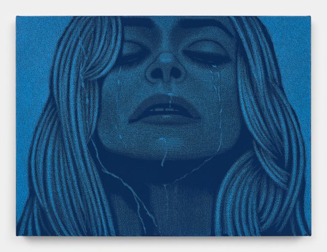 A painting made with blue oil pastels of a a woman looking down with liquid streaming down her face.
