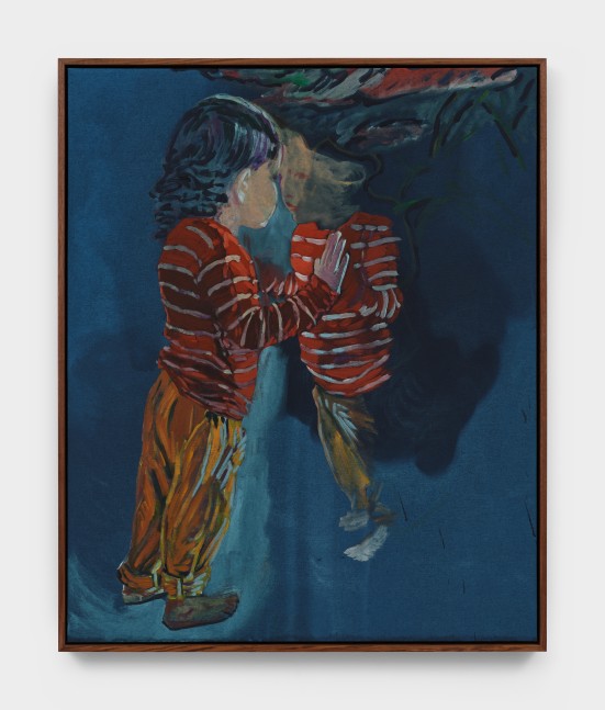 A painting of a child in a white and red striped shirt looking at a partial reflection in a deep blue background.