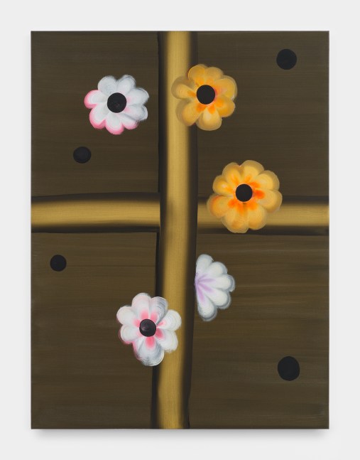 A bronzed painting with a cross in the center with five flowers and black polka dots