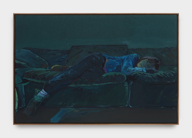 A painting of the artist lying on her side on a dark green couch.