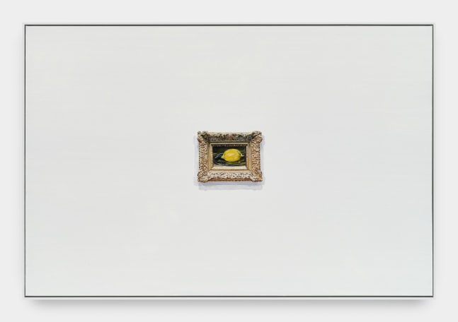 A painting of a white wall with a recreation of Édouard Manet's &quot;Le Citron&quot; in a gilded frame in the center.