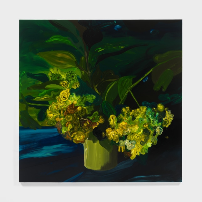 Green and yellow brushstrokes create flowers and leaves in a potted plant on a blue base.