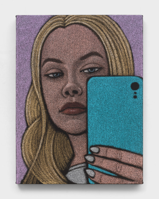 An oil pastel painting of a woman taking a selfie in a mirror on a smartphone.