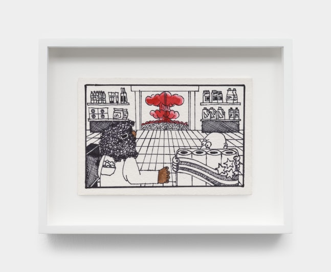 A small ink drawing of a man buying toilet paper at a grocery store while the cashier looks out at a red mushroom cloud erupting outside the store window.