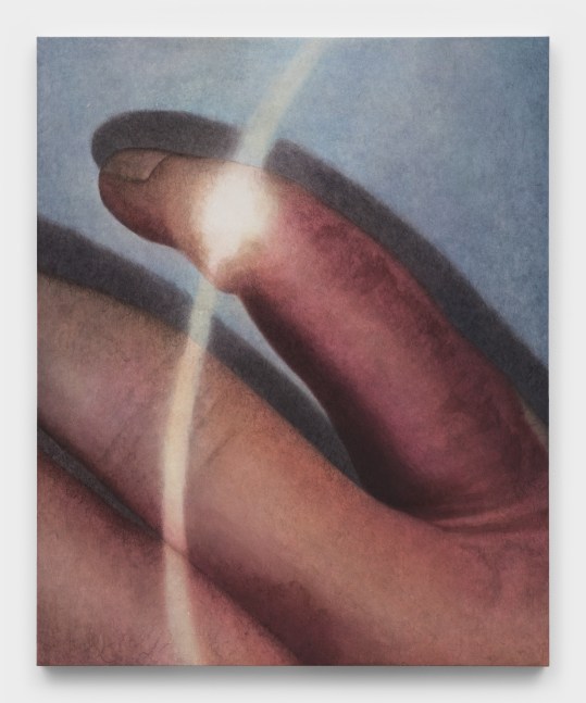 A painting of an outstretched hand with a beam of white light cutting across the fingers.