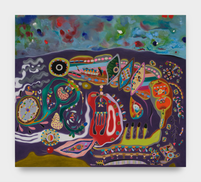 A painting on canvas of various shades of purple, blue, red, pink, green, orange, yellow, brown in multiple shapes of circles, ovals, diamonds, and curved, wavy  lines depict an anthropomorphic scene.