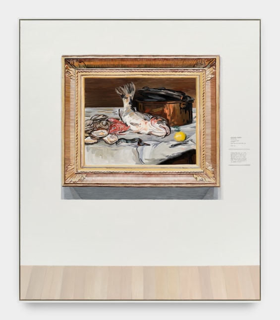 A painting of a white wall with a painting of a still-life depicting a copper pot, fish, a lemon, and oysters on a white table cloth in a gilded frame.