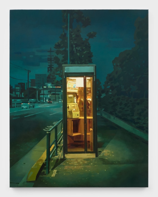 A yellow glowing phone booth amidst a green tinted urban landscape at dusk.