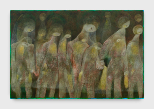 A large two panel painting of 15 faintly rendered figures in dark and pale olive greens and light washes of yellow and red holding hands all facing the right side of the painting.