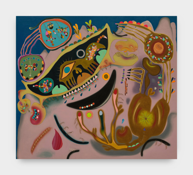 An acrylic piece consisting of cooler shades of mauve, black, deep blue, brown, green, and fade orange. Towards the upper left, sits a crescent shaped figure with an orange and blue eye inside. Multi colored shapes float around inside the crescent. Below it,  is another, yet smaller, crescent shape with small red and gray circles inside to the left. To the right of the canvas is a brown and green abstract figure with curved lines protruding out nearly touching the smaller crescent.