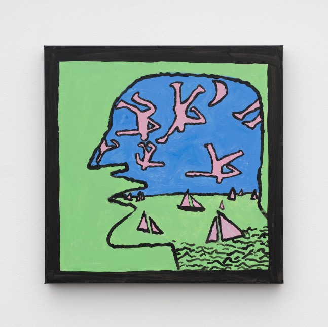 The side profile of a face with naked people falling into a sailboat filled sea inside their head.