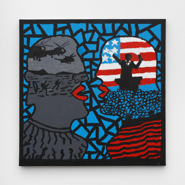 A painting with the side profile of two people talking one with a war scene in their head and the other with the american flag inside their head.