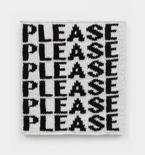 A knit artwork with the word &quot;Please&quot; six times in black yarn against a white background, sewn onto linen and stretched.