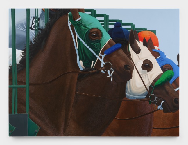 A painting depicting mounted horses in green, cream and blue jumping masks attentively facing the direct of their race with their heads emerging from the paddocks.
