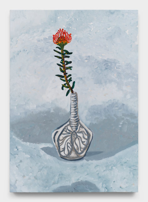 A painting of a red flower in a white vase that resembles lungs