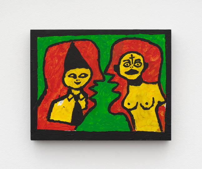 A painting of two side profile faces facing each other with a nude woman with a cross on her head and a man in a dunst cap inside their heads.