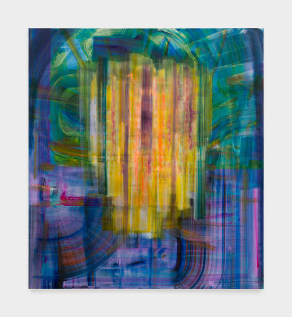 A painting with deep blues, vibrant greens and purples with a yellow chandelier like shape in the center.