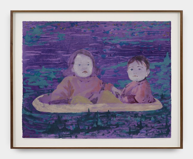 A monoprint in teal and purple hues of two small children in a white vessel against a watery background.